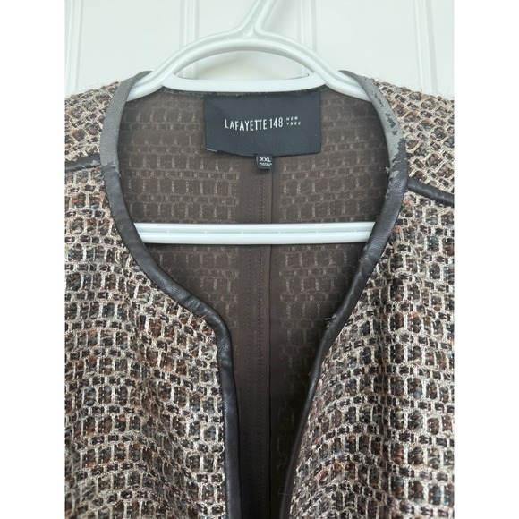 Lafayette 148 New York Wool Blend Tweed Blazer Leather Trim Size XXLBrown *READ - Picture 5 of 9